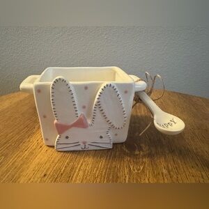 NEW Mud Pie Easter Bunny Ceramic Candy Dish with Spoon - HAPPY, Polka Dots